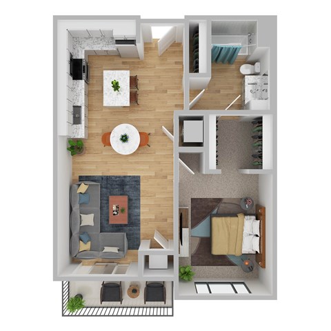 A top-down view of a modern apartment layout with a living room, kitchen, dining area, and bathroom.